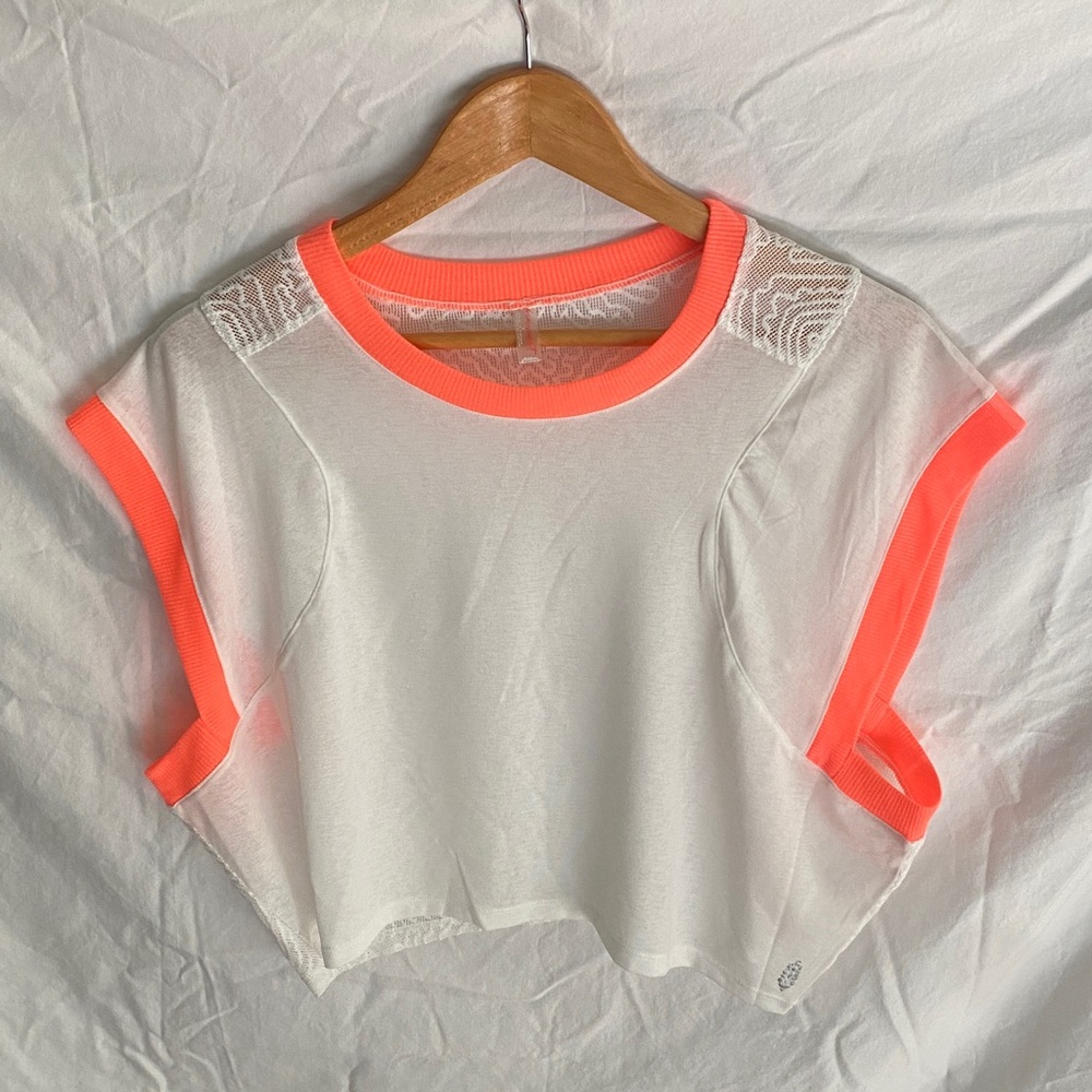 Free People Movement Cropped White and Neon Orange Mesh Top